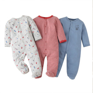 Newborn Baby Boy Girl Infant 3-Pack Onesie Autumn Winter Snug Fit Footed Cotton Pajamas For 0-12 Months