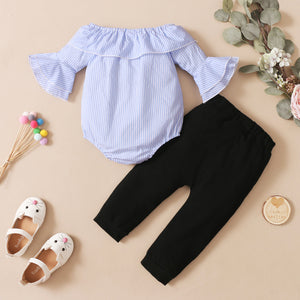 Baby Toddler Girls Flared Sleeve Stripe Print Top + Solid Color Pants Outfit Sets 2 Packs