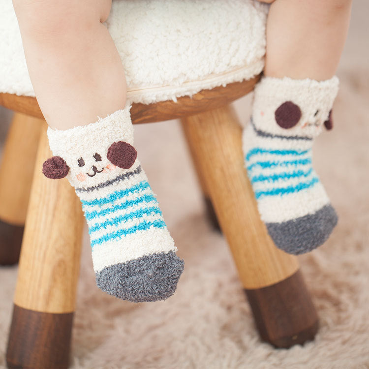 Baby Boy Girl Non Slip Coral Fleece Floor Socks Cartoon Warm Embroidery Socks 3-Pack