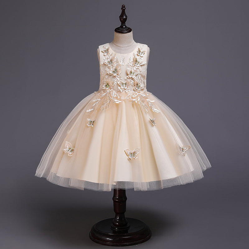 Princess Flower Girls Dresses 2021 with Sleeveless Butterfly Lace Girls Diamond Wedding Elegant Dresses